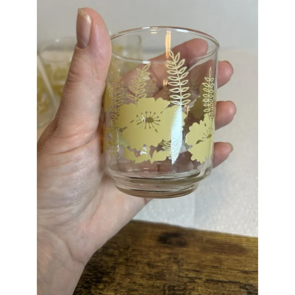 Vintage 70’s Libbey Yellow Hibiscus Fern Juice Glasses Set of 4 Retro Floral MCM